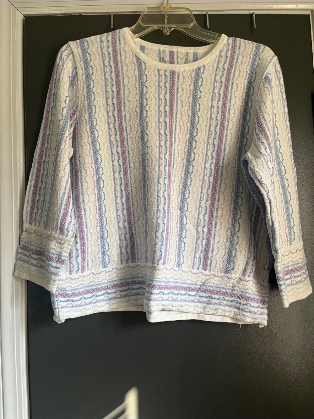 Women's Cream Crewneck Sweater with Blue & Lavender Stripes